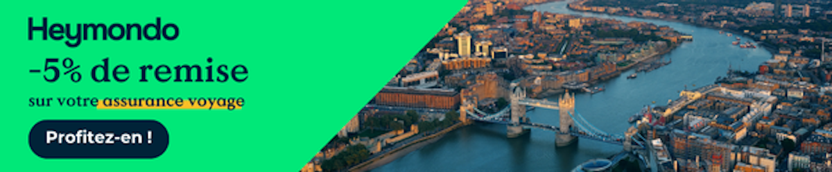 Bannière promotion de 5% pour les assurance voyage Heymondo à Londres
