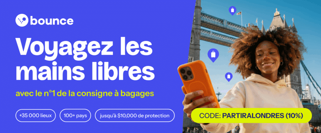 Bannière promotionnelle Bounce avec un code promo Partir à Londres