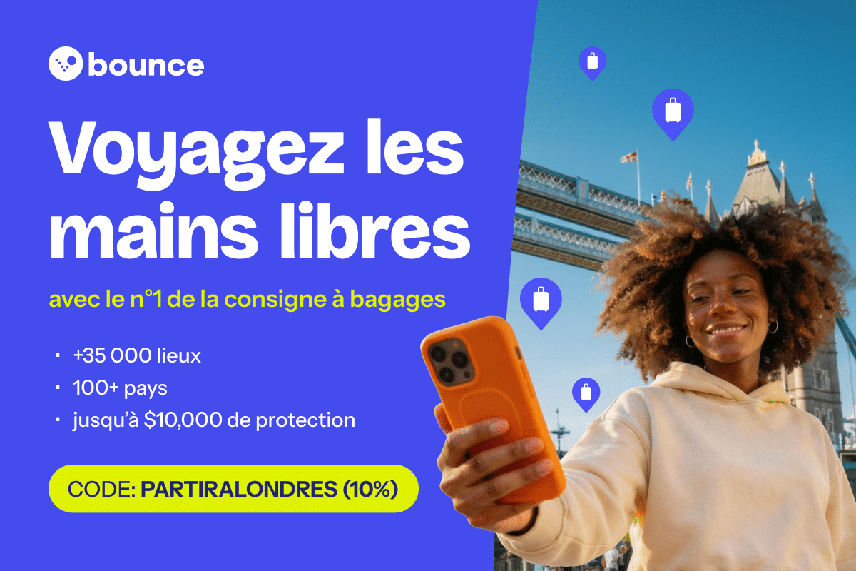 Bannière promotionnelle Bounce avec un code de réduction spécial Partir à Londres